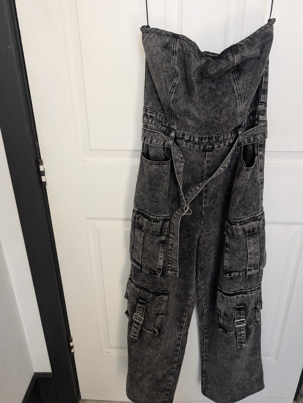 Retro Denim Women's Strapless Cargo Jumpsuit in Washed Black